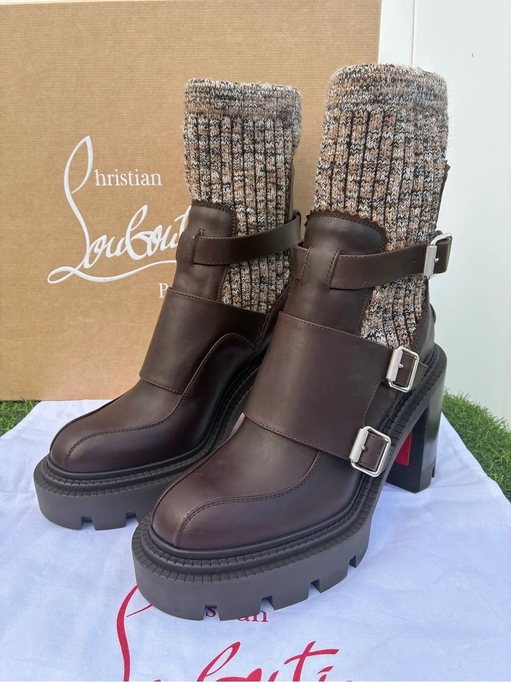 CHRISTIAN LOUBOUTIN CORTINETTA COLLEGE BROWN LEATHER ANKLE BLOCK HEEL BOOT 38.5